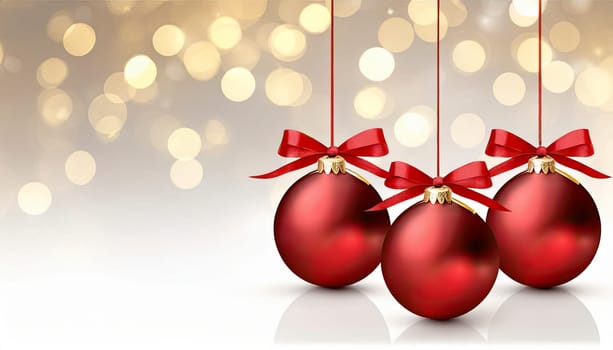 christmas background with balls and ribbon on golden bokeh lights, AI generated