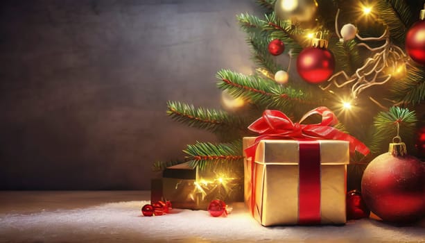 Christmas decoration with gifts and lights on wooden background, AI generated