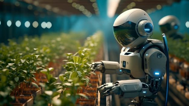 Robots working on organic products industrial plantation growing plants. Smart farming agribusiness. AI generated