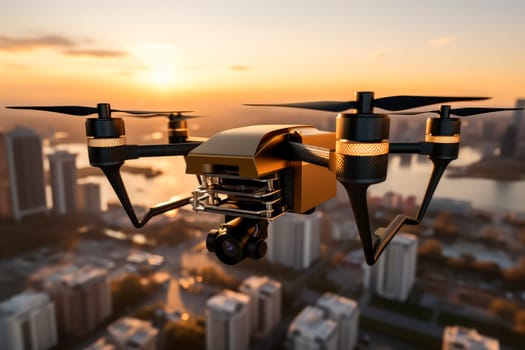 Drone quad copter with high resolution digital camera flying aerial over cityscape. AI generated
