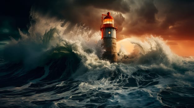 Lighthouse in the middle of the ocean. Big waves and storm around the light house, dark clouds, lighthouse sunken by ocean and sea. AI generated