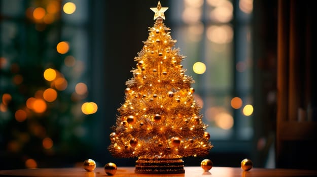 Minimalist background with golden artificial Christmas tree. Shiny Decorated christmas tree with christmas baubles. AI generated