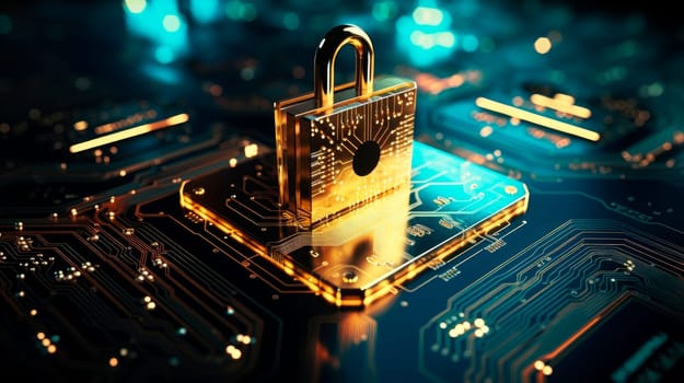 Firewall lock on mainboard.Computer security concept. Padlock on computer circuit board . AI generated