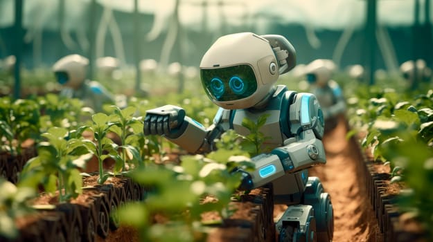 Robots working on organic products industrial plantation growing plants. Smart farming agribusiness. AI generated