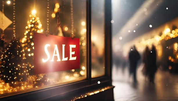 Store window with sale sign and holiday decoration at night, Christmas shopping, AI generated