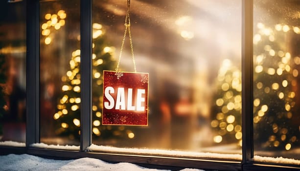 Store window with sale sign and holiday decoration at night, Christmas shopping, AI generated