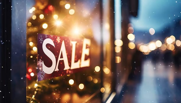 Store window with sale sign and holiday decoration at night, Christmas shopping, AI generated