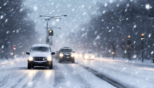traffic in winter with heavy snow, city street with cars covered in snow. AI generated