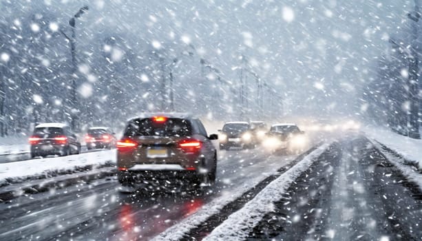 traffic in winter with heavy snow, city street with cars covered in snow. AI generated