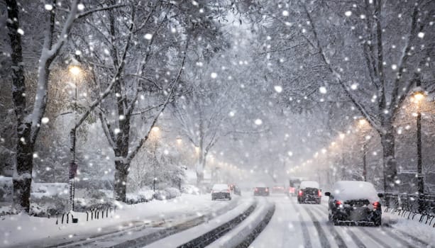 traffic in winter with heavy snow, city street with cars covered in snow. AI generated