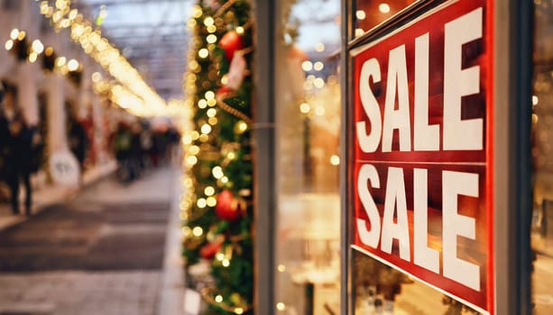 Store window with sale sign and holiday decoration at night, Christmas shopping, AI generated