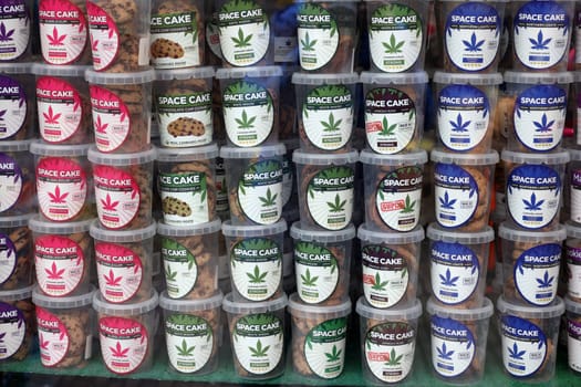 Amsterdam, Netherlands - April 21, 2023: A selection of cannabis cookies in a shop window in Amsterdam, Netherlands