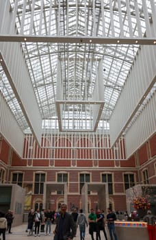 Amsterdam, Netherlands - April 21, 2023: Rijksmuseum, the original interior courtyards have been redesigned to create the imposing new entrance space of the Atrium. Amsterdam, Netherlands