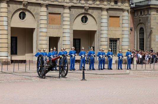 Stockholm, Sweden - June 26, 2023: Changing of the Guard ceremony at the Royal Palace in Stockholm, Sweden