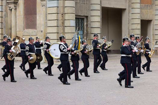 Stockholm, Sweden - June 26, 2023: Changing of the Guard ceremony at the Royal Palace in Stockholm, Sweden