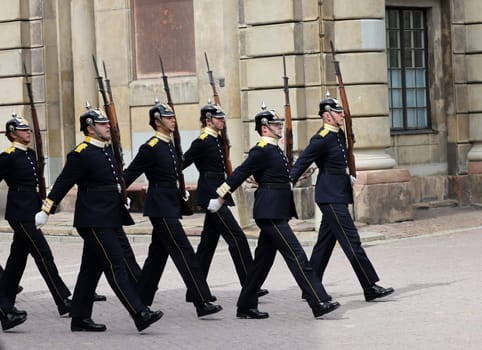 Stockholm, Sweden - June 26, 2023: Changing of the Guard ceremony at the Royal Palace in Stockholm, Sweden