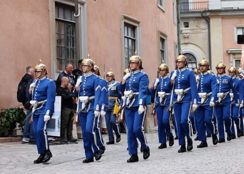 Stockholm, Sweden - June 26, 2023: Changing of the Guard ceremony at the Royal Palace in Stockholm, Sweden