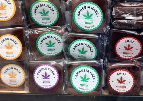 Amsterdam, Netherlands - April 21, 2023: A selection of cannabis cookies in a shop window in Amsterdam, Netherlands