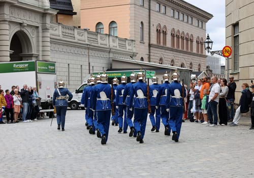 Stockholm, Sweden - June 26, 2023: Changing of the Guard ceremony at the Royal Palace in Stockholm, Sweden