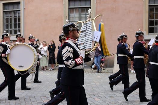 Stockholm, Sweden - June 26, 2023: Changing of the Guard ceremony at the Royal Palace in Stockholm, Sweden