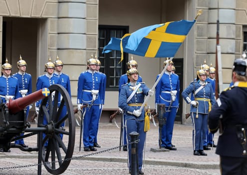 Stockholm, Sweden - June 26, 2023: Changing of the Guard ceremony at the Royal Palace in Stockholm, Sweden