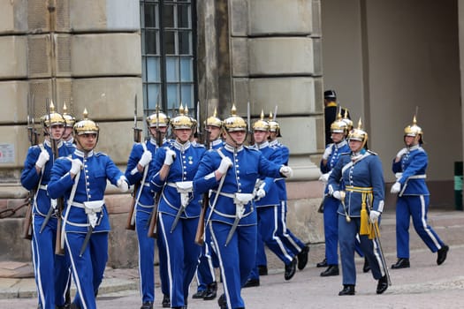 Stockholm, Sweden - June 26, 2023: Changing of the Guard ceremony at the Royal Palace in Stockholm, Sweden