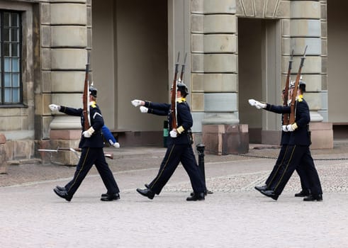 Stockholm, Sweden - June 26, 2023: Changing of the Guard ceremony at the Royal Palace in Stockholm, Sweden