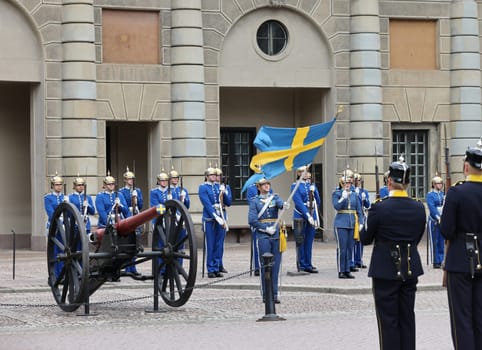 Stockholm, Sweden - June 26, 2023: Changing of the Guard ceremony at the Royal Palace in Stockholm, Sweden