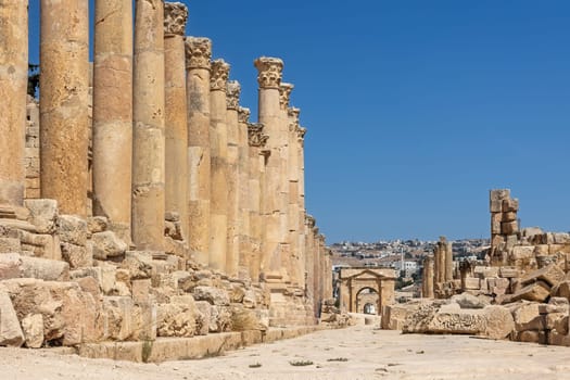 Closeup view of Cardo   colonnaded streets of Gerasa (Jerash). Jordan. Horizontally.
