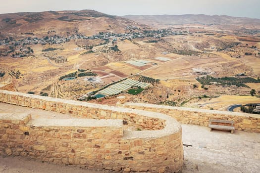 View of the landscape below the Kerak Castle in Jordan. Horizontally.