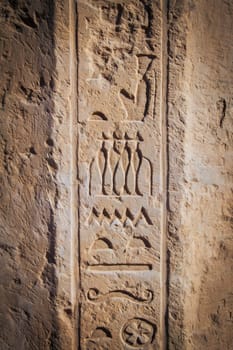 Egyptian hieroglyphs on an ancient wall.  Egypt. Edited as a vintage photo. Vertically.