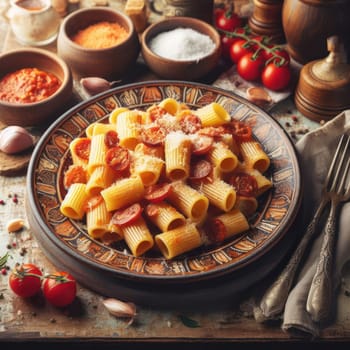 traditional italian rigatoni alla amatriciana on a rustic table generative ai