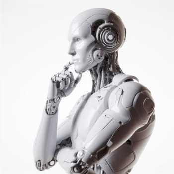 futuristic humanoid artificial intelligence robot stops and is thinking on white generative ai
