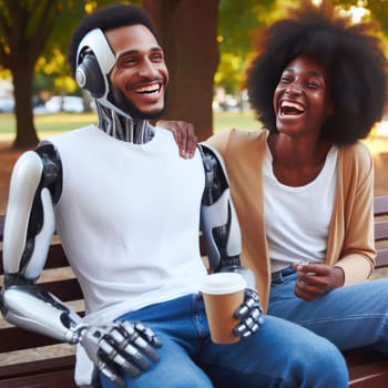 person and cybernetic robot laughing and talking together on a park bench generative ai