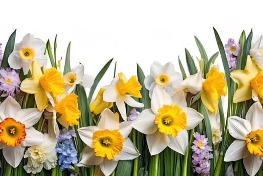 beautiful white and yellow daffodil flowers with copyspace for a floral border or background generative ai