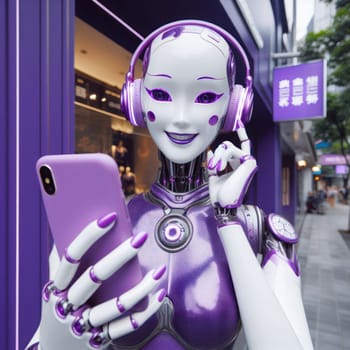happy female robot android wearing purple in front of a purple shop in the street generative ai