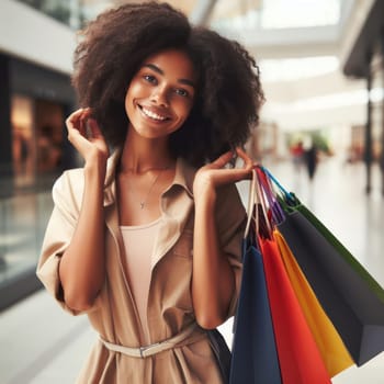 smiling young woman shopping in large shopping mall generative ai