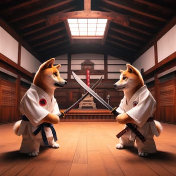 shiba inu dogs disciples sparring with katanas as part of the way of the dog martial arts generative ai