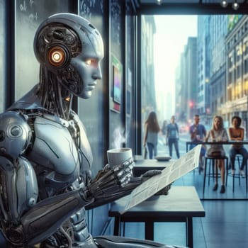 humanoid android robot sitting in a cafe drinking coffee generative ai