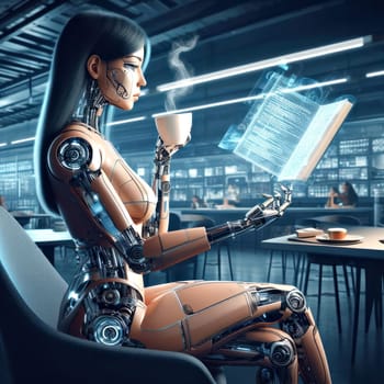 robotic humanoid drinking coffee in cafe and reading a book generative ai