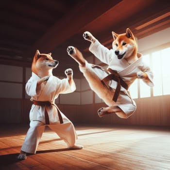 shiba inu dogs doing flying kung fu kicks as part of the way of the dog generative ai
