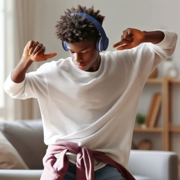 teenager dancing and listening to music with headphones at home  generative ai