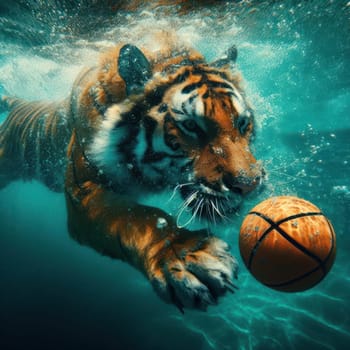 gorgeous tiger swimming under the water in a pool to get a ball generative ai