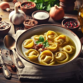 delicious italian traditional tortelinni in a broth on rustic table generative ai