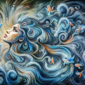 painting illustration of a beautiful female fantasy water elemental or goddess with fish generative ai