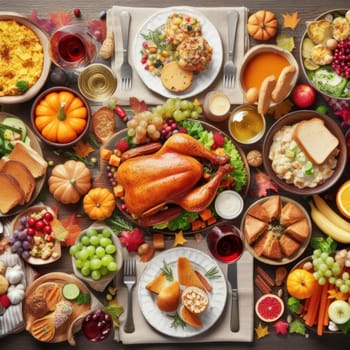 illustration of top down view of laden table full of food for christmas or thanksgiving dinner generative ai