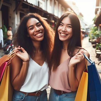 two young women friends shopping together on vacation generative ai