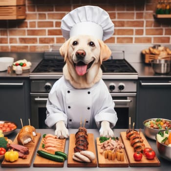 the cook in this restaurant kitchen is dog wearing chefs hat and jacket generative ai