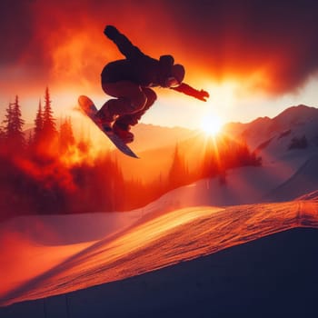 person jumping with their snowboard in the snow at sunset generative ai