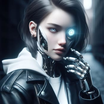 advertising or fashion style shoot of a person with futuristic robotic cybernetic enhancements generative ai